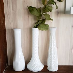 Set of 3 unique milk glass vases